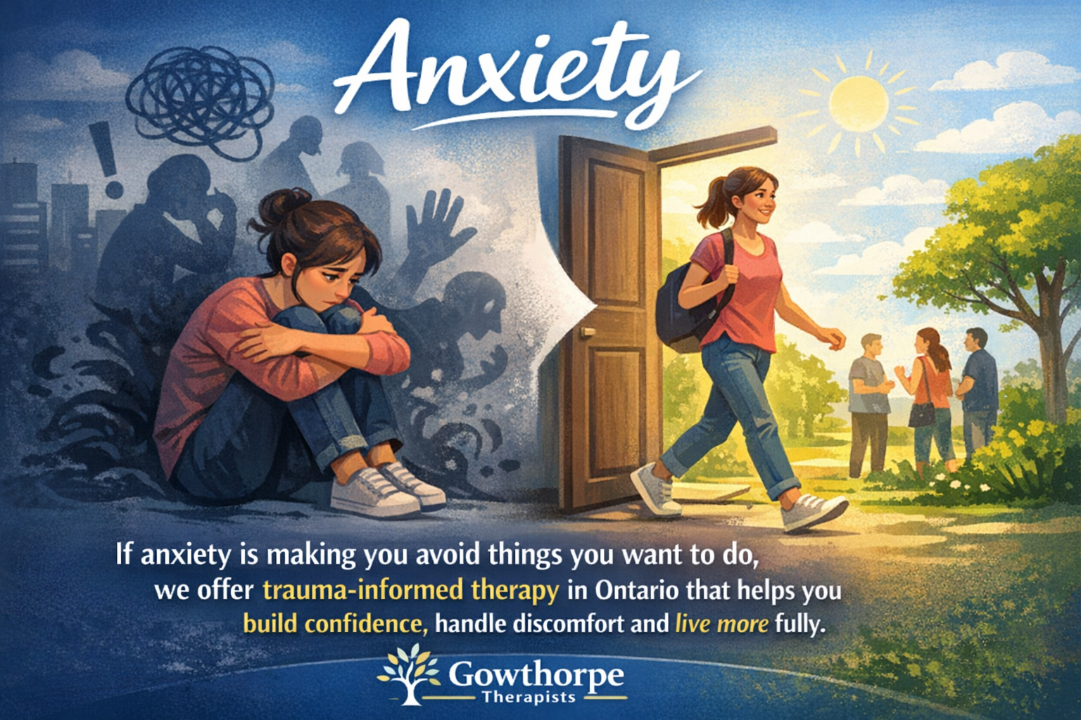 Illustration showing a person moving from anxiety and avoidance into a brighter, confident life with support from trauma-informed therapy.