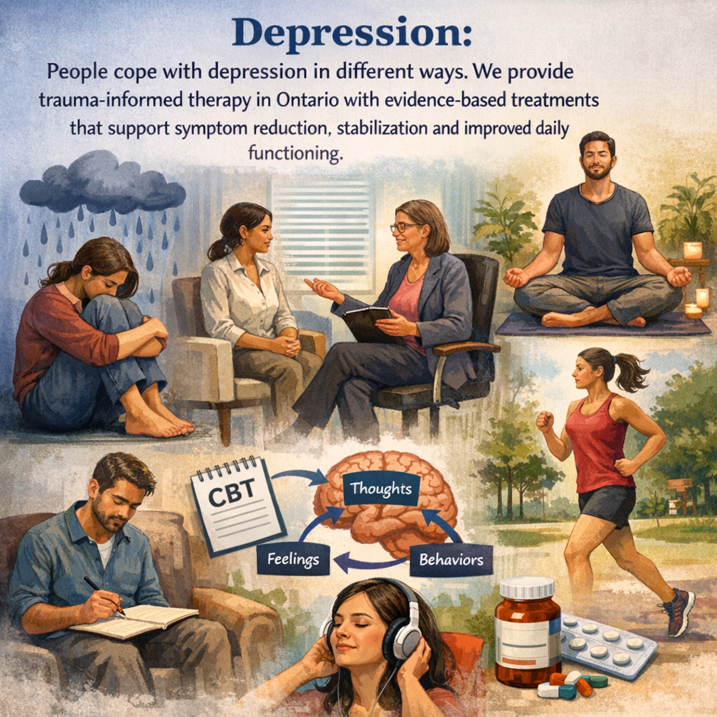 Illustration showing different ways people cope with depression, including therapy, mindfulness, journaling, and physical activity, representing trauma-informed mental health care.