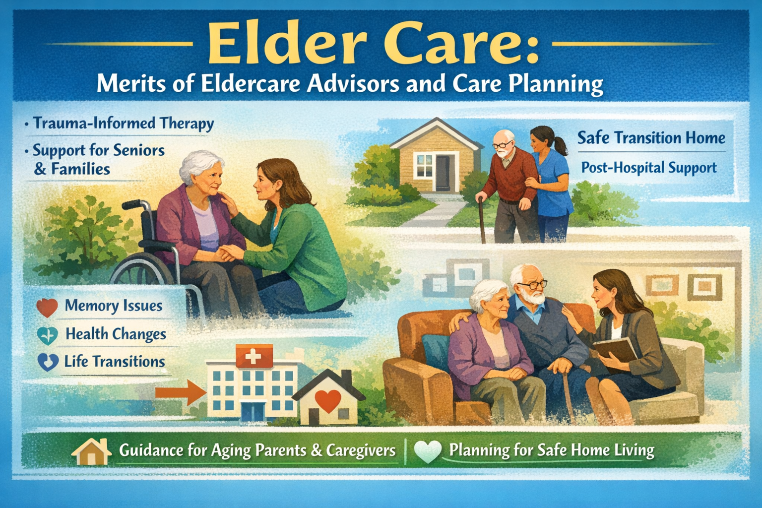 Elder care advisors supporting older adults and families with trauma-informed therapy, home care planning, and safe transition from hospital to home.