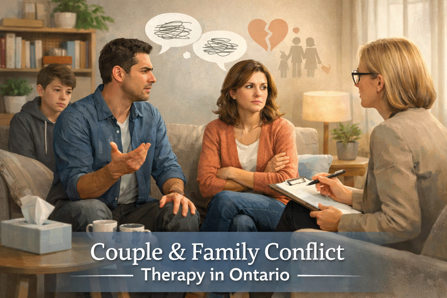 Couple and family in a therapy session discussing conflict, with a supportive therapist guiding them, representing trauma-informed therapy in Ontario.